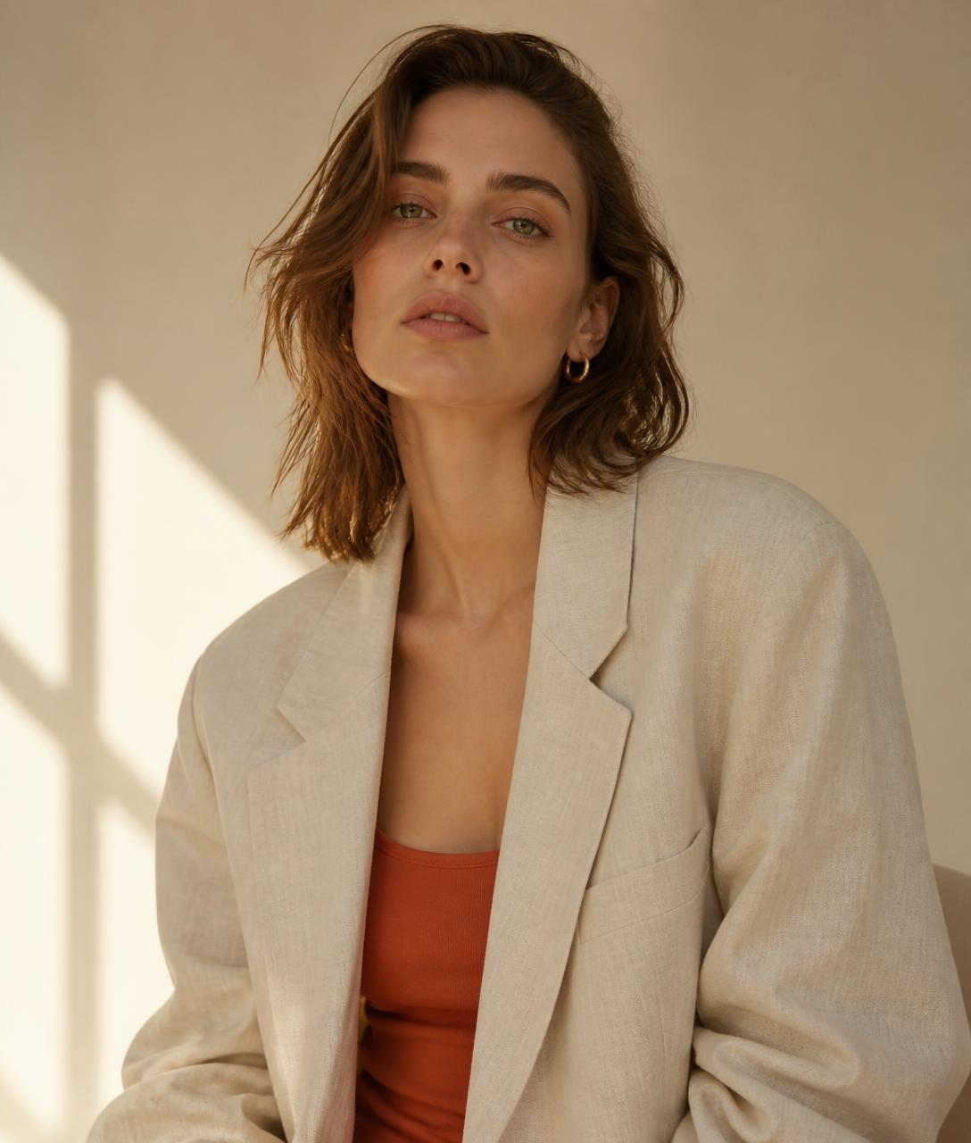 KI-generiertes Fashion-Model in cremefarbenem Leinenblazer