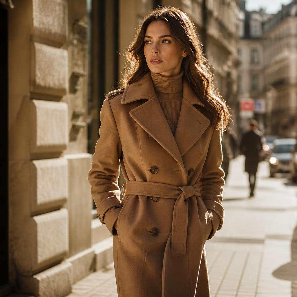 KI-generiertes Model in Camel-Mantel auf sonniger Straße